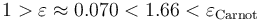 1>\varepsilon\approx 0.070 < 1.66 < \varepsilon_\mathrm{Carnot}