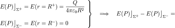 \left.\begin{array}{l}\displaystyle E(P)\big\rfloor_{\Sigma^+}=E(r=R^+)=\frac{Q}{4\pi\varepsilon_0R^2}\\ \\
 E(P)\big\rfloor_{\Sigma^-}=E(r=R^-)=0\end{array}\right\}\quad\Longrightarrow\quad E(P)\big\rfloor_{\Sigma^+}-E(P)\big\rfloor_{\Sigma^-}=