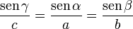 \frac{\mathrm{sen}\,\gamma}{c}=\frac{\mathrm{sen}\,\alpha}{a}=\frac{\mathrm{sen}\,\beta}{b}