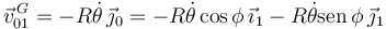 
\vec{v}^{\,G}_{01} 
=
-R\dot{\theta}\,\vec{\jmath}_0
=
-R\dot{\theta}\cos\phi\,\vec{\imath}_1 
-R\dot{\theta}\mathrm{sen}\,\phi\,\vec{\jmath}_1 
