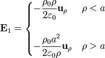 \mathbf{E}_1 = \begin{cases}\displaystyle-\frac{\rho_0\rho}{2\varepsilon_0}\mathbf{u}_\rho & \rho < a \\ & \\ \displaystyle-\frac{\rho_0a^2}{2\varepsilon_0\rho}\mathbf{u}_\rho & \rho > a\end{cases}