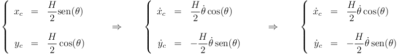 \left\{\begin{array}{rcl}x_c & = & \displaystyle \frac{H}{2}\mathrm{sen}(\theta) \\ && \\ y_c & = & \displaystyle\frac{H}{2}\cos(\theta)\end{array}\right. \qquad\Rightarrow\qquad \left\{\begin{array}{rcl}\dot{x}_c & = & \displaystyle \frac{H}{2}\dot{\theta}\cos(\theta) \\ && \\ \dot{y}_c & = & -\displaystyle\frac{H}{2}\dot{\theta}\,\mathrm{sen}(\theta)\end{array}\right.\qquad\Rightarrow\qquad \left\{\begin{array}{rcl}\dot{x}_c & = & \displaystyle \frac{H}{2}\dot{\theta}\cos(\theta) \\ && \\ \dot{y}_c & = & -\displaystyle\frac{H}{2}\dot{\theta}\,\mathrm{sen}(\theta)\end{array}\right.