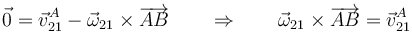 \vec{0}=\vec{v}^A_{21}-\vec{\omega}_{21}\times\overrightarrow{AB}\qquad\Rightarrow\qquad \vec{\omega}_{21}\times\overrightarrow{AB}=\vec{v}^A_{21}