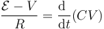 \frac{\mathcal{E}-V}{R}=\frac{\mathrm{d}\ }{\mathrm{d}t}(CV)