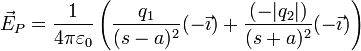 \vec{E}_P = \frac{1}{4\pi\varepsilon_0}\left(\frac{q_1}{(s-a)^2}(-\vec{\imath})+\frac{(-|q_2|)}{(s+a)^2}(-\vec{\imath})\right)