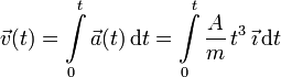 
\vec{v}(t) = \int\limits_{0}^t\vec{a}(t)\,\mathrm{d}t
= \int\limits_{0}^t\dfrac{A}{m}\,t^3\,\vec{\imath}\,\mathrm{d}t
