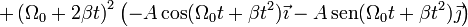 +\left(\Omega_0+2\beta t\right)^2\left(-A\cos(\Omega_0 t + \beta t^2)\vec{\imath}-A\,\mathrm{sen}(\Omega_0 t + \beta t^2)\vec{\jmath}\right)