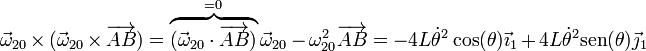 \vec{\omega}_{20}\times(\vec{\omega}_{20}\times\overrightarrow{AB})=\overbrace{(\vec{\omega}_{20}\cdot\overrightarrow{AB})}^{=0} \vec{\omega}_{20}-\omega_{20}^2\overrightarrow{AB}=-4L\dot{\theta}^2\cos(\theta)\vec{\imath}_1+4L\dot{\theta}^2\mathrm{sen}(\theta)\vec{\jmath}_1