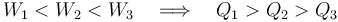 \displaystyle W_1<W_2<W_3\quad\Longrightarrow\quad Q_1>Q_2>Q_3