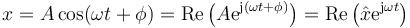 x = A \cos(\omega t + \phi) = \mathrm{Re}\left(A \mathrm{e}^{\mathrm{j}(\omega t + \phi)}\right) = \mathrm{Re}\left(\hat{x}\mathrm{e}^{\mathrm{j}\omega t}\right)