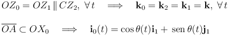 \begin{array}{l}OZ_0=OZ_1\!\ \|\!\ CZ_2\mathrm{,}\,\;\forall\, t\quad \Longrightarrow\quad\mathbf{k}_0=\mathbf{k}_2=\mathbf{k}_1=\mathbf{k}\mathrm{,}\,\;\forall\, t\\ \\ \overline{OA}\subset OX_0\quad\Longrightarrow\quad \mathbf{i}_0(t)=\cos\theta(t)\mathbf{i}_1+\,\mathrm{sen}\,\theta (t)\mathbf{j}_1\end{array}