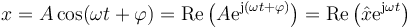 x = A \cos(\omega t + \varphi) = \mathrm{Re}\left(A \mathrm{e}^{\mathrm{j}(\omega t + \varphi)}\right) = \mathrm{Re}\left(\hat{x}\mathrm{e}^{\mathrm{j}\omega t}\right)