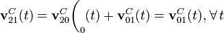 \displaystyle\mathbf{v}_{21}^C(t)=\mathbf{v}_{20}^C\mathop{\bigg(}_0(t)+\mathbf{v}_{01}^C(t)=\mathbf{v}_{01}^C(t)\mathbf{,}\;\forall\, t