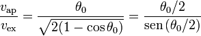 \frac{v_\mathrm{ap}}{v_\mathrm{ex}} = \frac{\theta_0}{\sqrt{2(1-\cos\theta_0)}} = \frac{\theta_0/2}{\mathrm{sen}\,(\theta_0/2)}