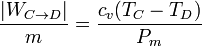 \frac{|W_{C\to D}|}{m} = \frac{c_v(T_C-T_D)}{P_m}