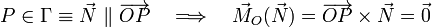 P\in\Gamma\equiv\vec{N}\ \|\ \overrightarrow{OP}\quad\Longrightarrow\quad\vec{M}_O(\vec{N})=\overrightarrow{OP}\times\vec{N}=\vec{0}