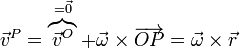 \vec{v}^P = \overbrace{\vec{v}^O}^{=\vec{0}} + \vec{\omega}\times\overrightarrow{OP}=\vec{\omega}\times\vec{r}