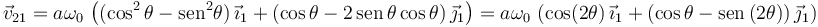 
\vec{v}_{21} = a\omega_0\,\left( (\cos^2\theta - \mathrm{sen}^2\theta)\,\vec{\imath}_1 + (\cos\theta - 2\,\mathrm{sen}\,\theta\cos\theta)\,\vec{\jmath}_1\right)
=
a\omega_0\,\left(\cos(2\theta)\,\vec{\imath}_1 + (\cos\theta - \mathrm{sen}\,(2\theta))\,\vec{\jmath}_1\right)
