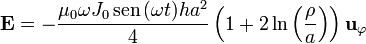 \mathbf{E} = -\frac{\mu_0\omega J_0\,\mathrm{sen}\,(\omega t)ha^2}{4}\left(1+2\ln\left(\frac{\rho}{a}\right)\right)\mathbf{u}_\varphi