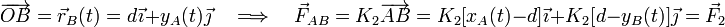 \overrightarrow{OB}=\vec{r}_B(t)=d\!\ \vec{\imath}\!\ + y_A(t)\!\ \vec{\jmath}\quad\Longrightarrow\quad\vec{F}_{AB}=K_2\overrightarrow{AB}=K_2\big[x_A(t)-d\big]\!\ \vec{\imath}\!\ + K_2\big[d-y_B(t)\big]\!\ \vec{\jmath}=\vec{F}_2