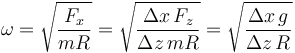 \omega=\sqrt{\frac{F_x}{mR}}=\sqrt{\frac{\Delta x\,F_z}{\Delta z\,mR}}=\sqrt{\frac{\Delta x\,g}{\Delta z\,R}}