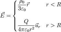 \vec{E}=\begin{cases} \displaystyle \frac{\rho_0}{3\varepsilon_0}\vec{r} & r < R \\ & \\ \displaystyle\frac{Q}{4\pi\varepsilon_0 r^2}\vec{u}_r & r > R \end{cases}