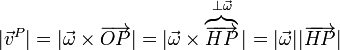 |\vec{v}^P |= |\vec{\omega}\times\overrightarrow{OP}|=|\vec{\omega}\times\overbrace{\overrightarrow{HP}}^{\perp\vec{\omega}}| = |\vec{\omega}||\overrightarrow{HP}|