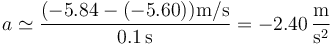 a\simeq \frac{(-5.84-(-5.60))\mathrm{m}/\mathrm{s}}{0.1\,\mathrm{s}}= -2.40\,\frac{\mathrm{m}}{\mathrm{s}^2}