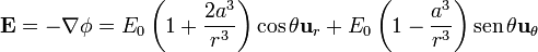 \mathbf{E} = -\nabla\phi = E_0\left(1+\frac{2a^3}{r^3}\right)\cos\theta\mathbf{u}_{r}+
E_0\left(1-\frac{a^3}{r^3}\right)\mathrm{sen}\,\theta\mathbf{u}_{\theta}