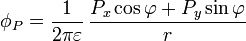 \phi_P = \frac{1}{2\pi\varepsilon}\,\frac{P_x\cos\varphi+P_y\sin\varphi}{r}