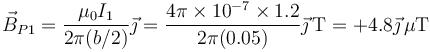 \vec{B}_{P1}=\frac{\mu_0 I_1}{2\pi(b/2)}\vec{\jmath}=\frac{4\pi\times 10^{-7}\times 1.2}{2\pi(0.05)}\vec{\jmath}\,\mathrm{T}=+4.8\vec{\jmath}\,\mu\mathrm{T}
