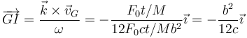 \overrightarrow{GI}=\frac{\vec{k}\times\vec{v}_G}{\omega}=-\frac{F_0t/M}{12F_0ct/Mb^2}\vec{\imath}=-\frac{b^2}{12c}\vec{\imath}