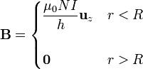 \mathbf{B}=\begin{cases}\displaystyle\frac{\mu_0NI}{h}\mathbf{u}_z & r<R \\ & \\ \mathbf{0} & r > R\end{cases}