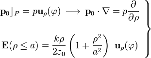 \left.\begin{array}{c}\displaystyle\mathbf{p}_0\rfloor_P=p\mathbf{u}_\rho(\varphi)\, \longrightarrow\, \mathbf{p}_0\cdot\nabla=p\frac{\partial}{\partial\rho}\\ \\ \displaystyle \mathbf{E}(\rho\le a)=
\frac{k\rho}{2\varepsilon_0}\left(1+\frac{\rho^2}{a^2}\right)\ \mathbf{u}_\rho(\varphi)\end{array}\right\}