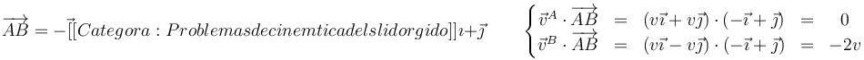 \overrightarrow{AB}=-\vec[[Categoría:Problemas de cinemática del sólido rígido]]{\imath}+\vec{\jmath}\qquad\left\{\begin{matrix}\vec{v}^A\cdot\overrightarrow{AB} & = & (v\vec{\imath}+v\vec{\jmath})\cdot(-\vec{\imath}+\vec{\jmath}) & = & 0 \\ \vec{v}^B\cdot\overrightarrow{AB} & = & (v\vec{\imath}-v\vec{\jmath})\cdot(-\vec{\imath}+\vec{\jmath}) & = & -2v \end{matrix}\right.