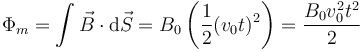 \Phi_m=\int \vec{B}\cdot\mathrm{d}\vec{S}=B_0\left(\frac{1}{2}(v_0 t)^2\right) = \frac{B_0v_0^2 t^2}{2}