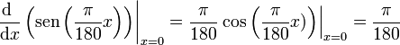 \left.\frac{\mathrm{d}\ }{\mathrm{d}x}\left(\mathrm{sen}\left(\frac{\pi}{180}x\right)\right)\right|_{x=0} = \frac{\pi}{180}\left.\cos\left(\frac{\pi}{180}x)\right)\right|_{x=0}=\frac{\pi}{180}