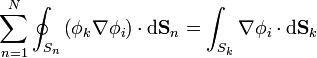 \sum_{n=1}^N\oint_{S_n}\left(\phi_k\nabla\phi_i\right)\cdot\mathrm{d}\mathbf{S}_n = \int_{S_k}\nabla\phi_i\cdot\mathrm{d}\mathbf{S}_k