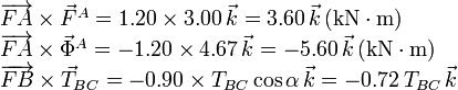 
\begin{array}{l}
\overrightarrow{FA}\times\vec{F}^A = 1.20\times3.00\,\vec{k} = 3.60\,\vec{k}\,\mathrm{(kN\cdot m)}\\
\overrightarrow{FA}\times\vec{\Phi}^A = -1.20\times4.67\,\vec{k} = -5.60\,\vec{k}\,\mathrm{(kN\cdot m)}\\
\overrightarrow{FB}\times\vec{T}_{BC} = -0.90\times T_{BC}\cos\alpha\,\vec{k} = -0.72\,T_{BC}\,\vec{k}
\end{array}
