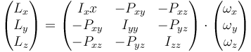 \begin{pmatrix}L_x \\ L_y \\ L_z \end{pmatrix} = \begin{pmatrix} I_xx & -P_{xy} & -P_{xz} \\ -P_{xy} & I_{yy} & -P_{yz} \\ -P_{xz} & -P_{yz} & I_{zz}\end{pmatrix}\cdot\begin{pmatrix}\omega_x \\ \omega_y \\ \omega_z \end{pmatrix}