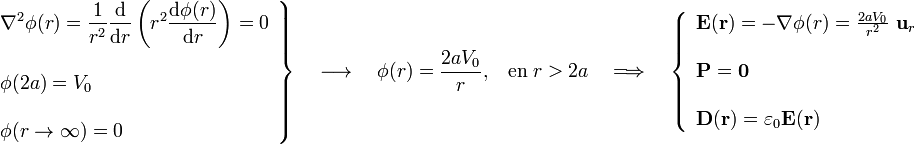 \left.\begin{array}{l}\displaystyle\nabla^2\phi(r)=\frac{1}{r^2}\frac{\mathrm{d}}{\mathrm{d}r}\left(r^2\frac{\mathrm{d}\phi(r)}{\mathrm{d}r}\right)=0\\ \\ \displaystyle\phi(2a)=V_0\\ \\ \phi(r\rightarrow\infty)=0\end{array}\right\}\quad\longrightarrow\quad\phi(r)=\frac{2aV_0}{r}\mathrm{,}\quad\mathrm{en}\; r>2a\quad \Longrightarrow\quad\left\{\begin{array}{l}\mathbf{E}(\mathbf{r})=-\nabla\phi(r)=\frac{2aV_0}{r^2}\ \mathbf{u}_r\\ \\ \mathbf{P}=\mathbf{0}\\ \\ \mathbf{D}(\mathbf{r})=\varepsilon_0\mathbf{E}(\mathbf{r})\end{array}\right.