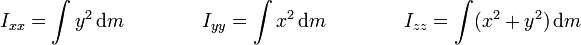 I_{xx}=\int y^2\,\mathrm{d}m\qquad\qquad I_{yy}=\int x^2\,\mathrm{d}m\qquad\qquad I_{zz}=\int (x^2+y^2)\,\mathrm{d}m