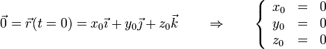 \vec{0}=\vec{r}(t=0)=x_0\vec{\imath}+y_0\vec{\jmath}+z_0\vec{k}\qquad\Rightarrow\qquad\left\{\begin{array}{lcr} x_0 & = & 0 \\ y_0 & = & 0 \\ z_0 & = & 0 \end{array}\right.