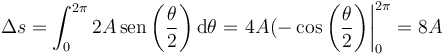 \Delta s=\int_0^{2\pi}2A\,\mathrm{sen}\left(\frac{\theta}{2}\right)\mathrm{d}\theta = \left.4A(-\cos\left(\frac{\theta}{2}\right)\right|_0^{2\pi} =8A