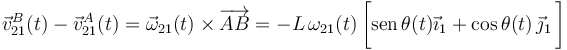 \vec{v}_{21}^B(t)-\vec{v}_{21}^A(t)=\vec{\omega}_{21}(t)\times\overrightarrow{AB}=-L\!\ \omega_{21}(t) \!\ \bigg[\mathrm{sen}\!\ \theta(t)\vec{\imath}_1+\cos\theta(t)\!\ \vec{\jmath}_1\!\ \bigg]