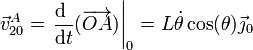 \vec{v}^A_{20}=\left.\frac{\mathrm{d}\ }{\mathrm{d}t}(\overrightarrow{OA})\right|_0=L\dot{\theta}\cos(\theta)\vec{\jmath}_0