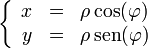 \left\{\begin{array}{rcl} x & = & \rho\cos(\varphi) \\ y & = & \rho\,\mathrm{sen}(\varphi) \end{array}\right.