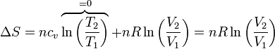 \Delta S = nc_v\overbrace{\ln\left(\frac{T_2}{T_1}\right)}^{=0}+nR\ln\left(\frac{V_2}{V_1}\right) = nR\ln\left(\frac{V_2}{V_1}\right)