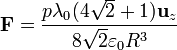 \mathbf{F}=\frac{p\lambda_0(4\sqrt{2}+1)\mathbf{u}_z}{8\sqrt{2}\varepsilon_0R^3}