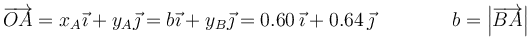 \overrightarrow{OA}=x_A\vec{\imath}+y_A\vec{\jmath}=b\vec{\imath}+y_B\vec{\jmath}=0.60\,\vec{\imath}+0.64\,\vec{\jmath}\qquad\qquad b = \left|\overrightarrow{BA}\right|